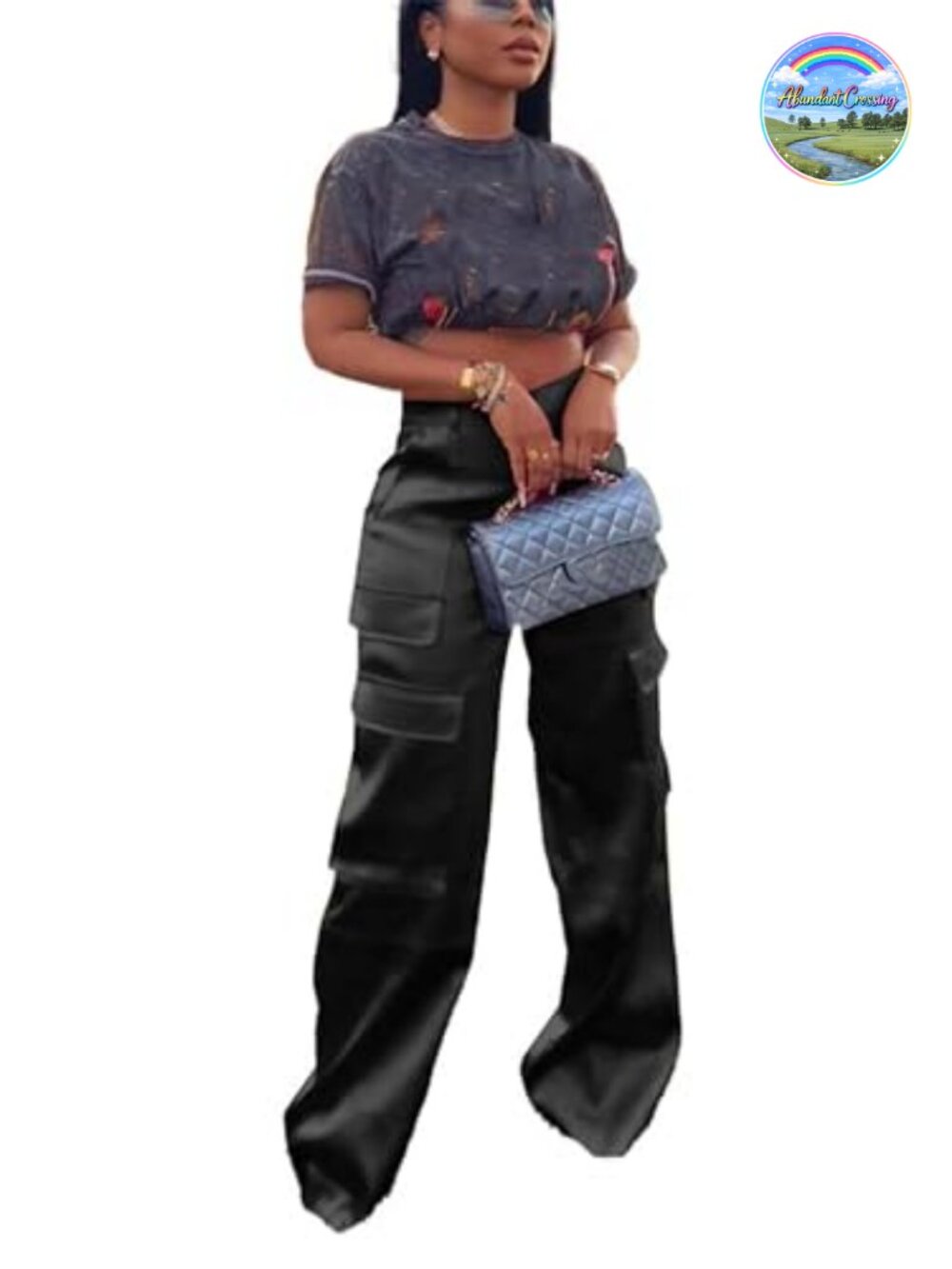 Satin Finish High Waisted Wide Leg Cargo Pants Women Casual Utility Pockets
